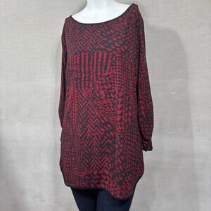 Susan Graver Tunic Top M Red Black Liquid Knit Abstract Print Artsy Classic Soft